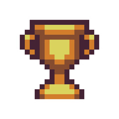 Fototapeta premium Winner's trophy award. Goblet pixel art icon. Sports competitions. Game tournament emblem. Golden cup. Game assets. Isolated abstract vector illustration. 8-bit sprite. 