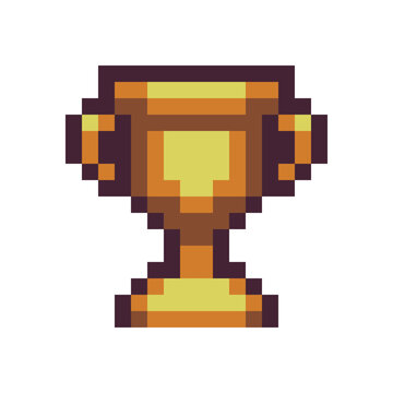 Winner's trophy award. Goblet pixel art icon. Sports competitions. Game tournament emblem. Golden cup. Game assets. Isolated abstract vector illustration. 8-bit sprite. 