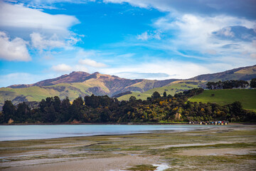 panorama of akaroa - beautiful village on banks peninsula, canterbury, new zealand south island;...
