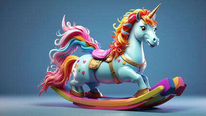 3D illustration of a happy unicorn on a rocking horse, 3D render character cartoon style Isolated on transparent background