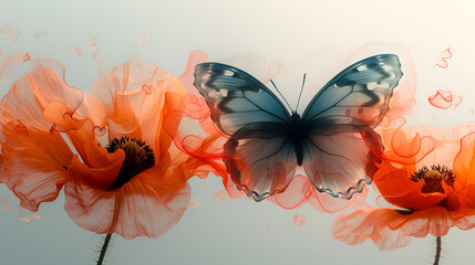 Butterfly poppy flower double exposure - obrazy, fototapety, plakaty