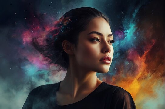 A captivating fantasy abstract portrait of a stunning woman in double exposure, complemented by a vibrant digital paint splash or space nebula.