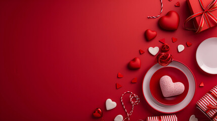 Valentine's Day Gift. Day postcard, greeting card with copy space, on a box lies an untied satin ribbon. Around the box are small hearts, the background is a horizontal view. Soft focus