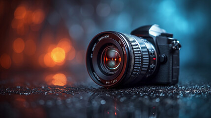 Photo camera close-up on a dark background, studio lighting.