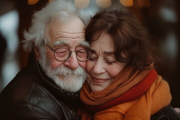 Elderly couple sharing a tender embrace