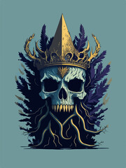 Step into the world of darkness with our t-shirt design featuring an ancient skull with a demon king's crown, entombed within the sinister dark woods.