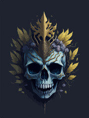 Obraz premium Experience the dark allure of the underworld with this t-shirt design, showcasing an ancient skull adorned with a crown of power, standing amongst the haunting trees of the shadowy woods.