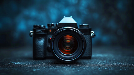 Photo camera close-up on a dark background, studio lighting. - obrazy, fototapety, plakaty