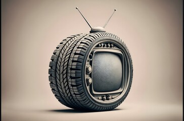 a car wheel creatively designed to resemble an old television