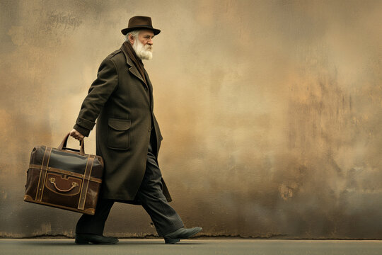Old man with a gray beard in a hat walking with a suitcase