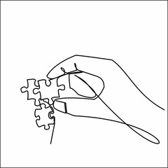 Continuous One line drawing of hands holding puzzle pieces and want to merge together. Father or mother and son teamwork - continuous line draw vector