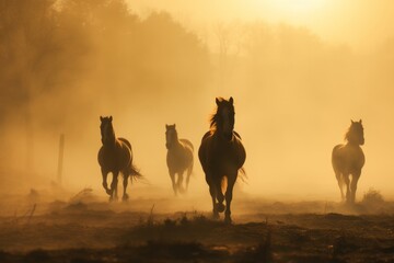 Fototapeta na wymiar horses in fog, in the style of backlight