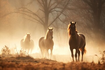 Fototapeta premium horses in fog, in the style of backlight
