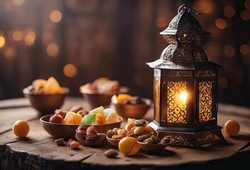 table concept wooden Ramadan Lantern sweets - obrazy, fototapety, plakaty