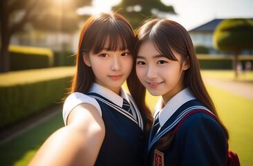 Two Japanese schoolgirls dressed in school uniforms take a selfie on their phone. School is behind. Warm sunny day.