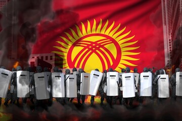 Kyrgyzstan protest stopping concept, police officers on city street are protecting order against riot - military 3D Illustration on flag background