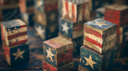 a background of wooden blocks adorned with the American flag, symbolizing patriotism and unity in a visually striking composition - obrazy, fototapety, plakaty