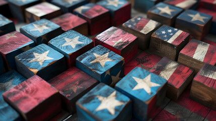a background of wooden blocks adorned with the American flag, symbolizing patriotism and unity in a visually striking composition - obrazy, fototapety, plakaty