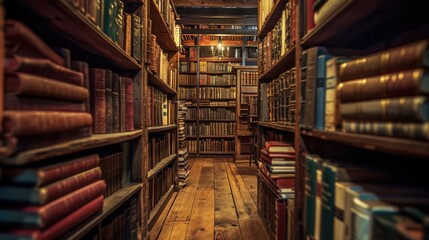 An antique bookstore interior, shelves filled with old books, warm lighting, a sense of history and knowledge. Resplendent.