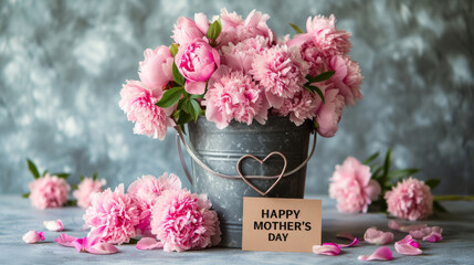 Rustic Charm for Mother's Day.
A rustic bucket of pink peonies and a heartfelt Mother's Day note, offering a charming celebration.