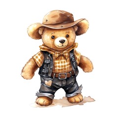 Fototapeta premium Teddy bear Cowboy. Watercolor. Clipart is a great choice for creating cards, invitations, party supplies and decorations. AI generated.