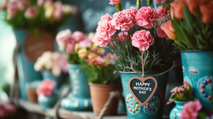 Mother's Day Potted Flowers Display.
Potted pink carnations with Mother's Day tags in a cheerful setup.