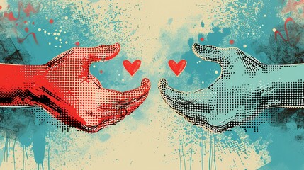 Halftone Valentines day collage covers set in contemporary mixed media style. Modern vector poster with dotted elements - hands and hearts. Concept of relationship, love, romance, valentine day