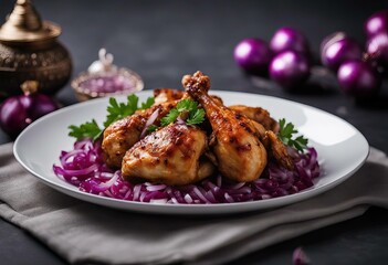 Ramadan white meal month selective focus bokeh Chicken defocused lights onion iftar background food holy Afghani served preparation close red black plate