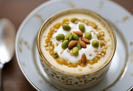 arabic pistachio table firni top view almond isolated dessert Kheer Mahalabia topping sh served