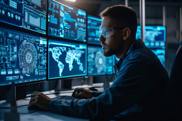 A digital forensic investigator uncovering evidence of a cyber attack, examining data trails on multiple monitors in a forensic lab - obrazy, fototapety, plakaty