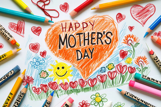 Colourful Mother's Day Crayon Illustration.
Bright and joyful crayon illustration for Mother's Day with sun and floral motifs.