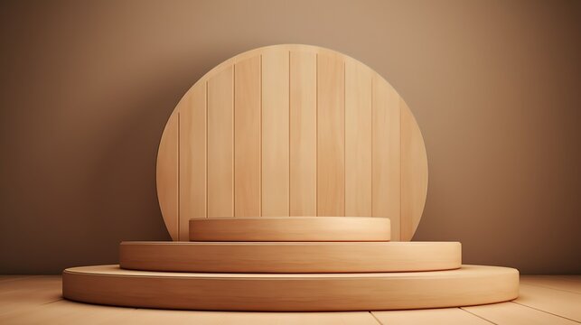 Wooden podium on a beige background for demonstration and advertising of cosmetic products, creams, shampoos