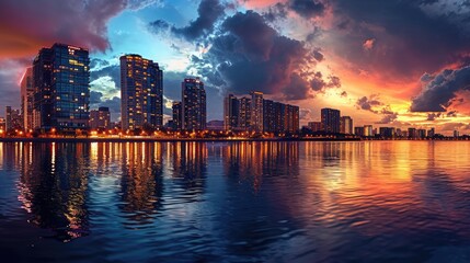 An evening cityscape with dramatic clouds, illuminated skyscrapers, reflecting lights on water, showcasing urban beauty and architecture. Resplendent.