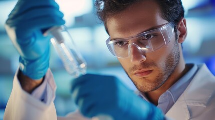 Young male scientist using a micropipette in a medical research lab. The analysis of biochemical samples. Advanced scientific lab for medicine, microbiology and biotechnology development