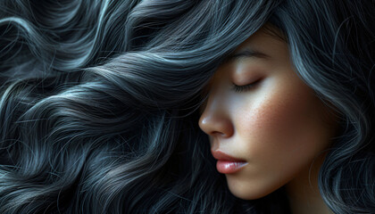 Naklejka premium Portrait of a woman with long beautiful dark ashy hair