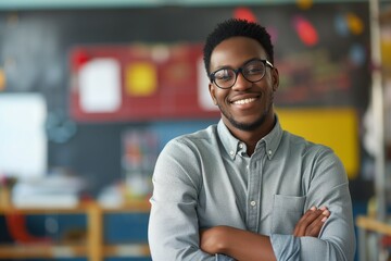 Confident African American Male Elementary School Teacher: Professional Photo (Horizontal 3:2) with Ample Copy Space - obrazy, fototapety, plakaty