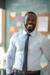Fototapeta premium Confident African American Male Elementary School Teacher: Vertical Portrait Photo (2:3) in Classroom Setting
