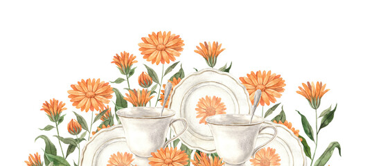 Watercolor tea composition with ceramic tableware and orange calendula flower. Illustration hand drawn on isolated background, suitable for menu design, packaging, poster, website invitation brochure