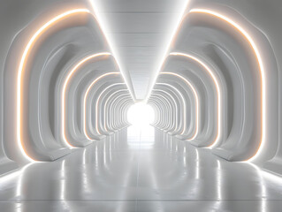 Obraz premium A futuristic tunnel with white walls and glowing orange stripes. The floor is shiny and white. The end of the tunnel has a bright light.
