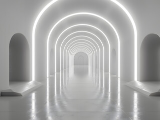 A futuristic tunnel with white walls and glowing orange stripes. The floor is shiny and white. The end of the tunnel has a bright light.