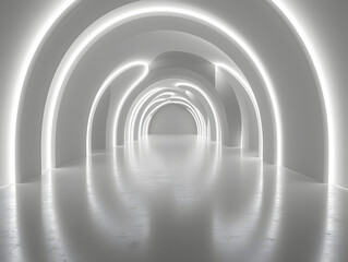 A futuristic tunnel with white walls and glowing orange stripes. The floor is shiny and white. The end of the tunnel has a bright light.