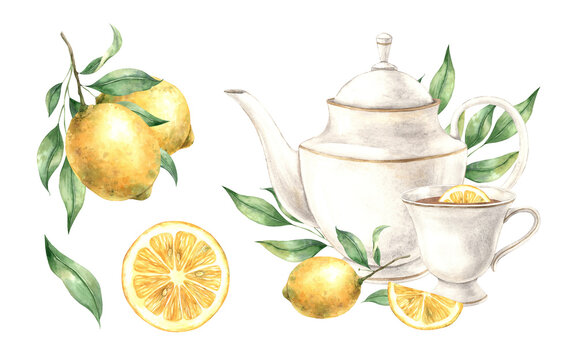 Watercolor set with ceramic dishes and drawings of a juicy yellow lemon. Illustration is hand drawn, suitable for menu design, packaging, poster, website, textile, invitation, brochure, cards