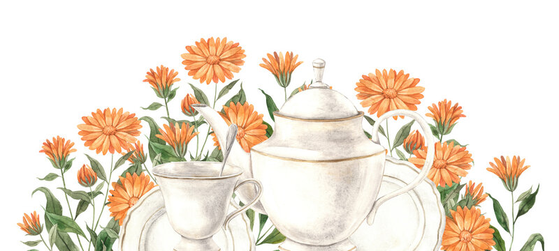 Watercolor tea composition with ceramic tableware and orange calendula flower. Illustration hand drawn on isolated background, suitable for menu design, packaging, poster, website invitation brochure