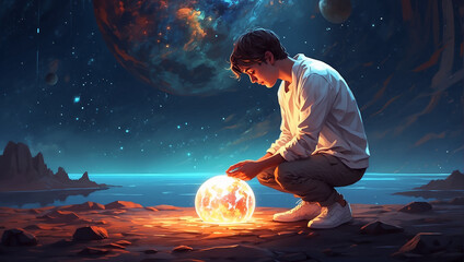 Young man looking down at the glowing little planet on the ground, digital art style - obrazy, fototapety, plakaty