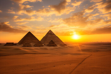 Fototapeta na wymiar Glorious Egyptian Pyramids Against a Setting Sun: Timeless Architectural Marvels Witnessing Eons