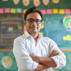 Confident Indian Male Elementary School Teacher: Professional Square Photo in Classroom Setting