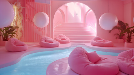 a pink and red spa room with a large pool in the middle. The room has a lot of pillows and pink and blue lighting.