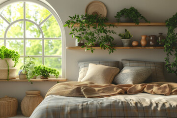 Light modern minimalist bedroom interrior with nature.Green power concept.