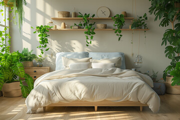 Light modern minimalist bedroom interrior with nature.Green power concept.