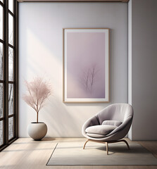 modern living room with sofa chair and frame in wall,vase with plant in it , window, home interior design, couch, beige white and violet ,sun light,mockup